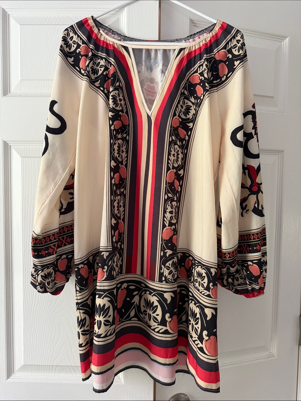 Cream and Black Boho Tunic Dress with Red Accents